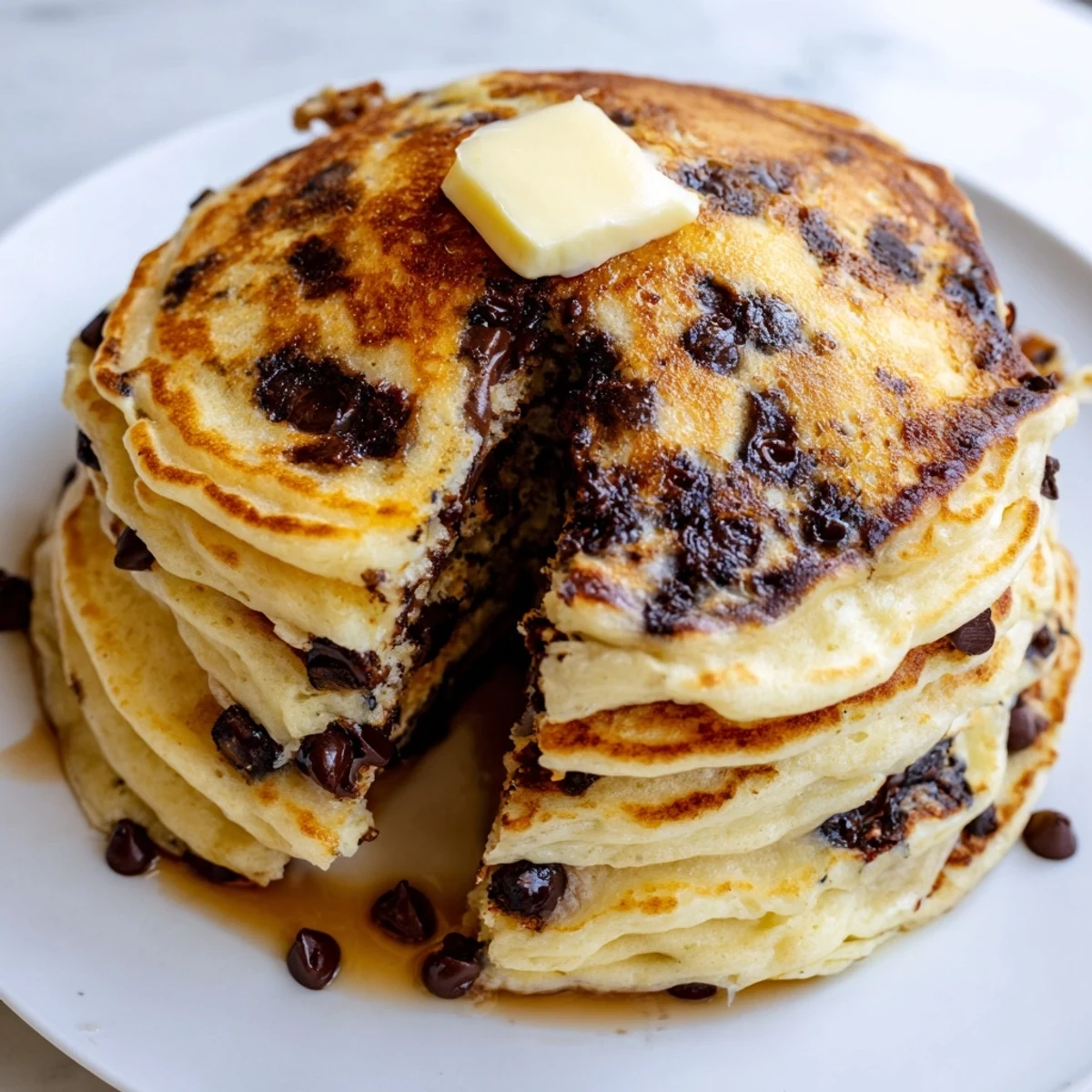 Fluffy stack of golden chocolate chip pancakes, a perfect breakfast treat ready to eat.