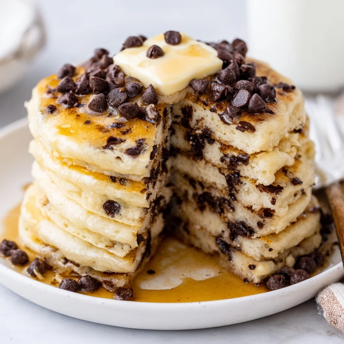 Warm, delicious chocolate chip pancakes, loaded with melted chocolate for a weekend brunch.