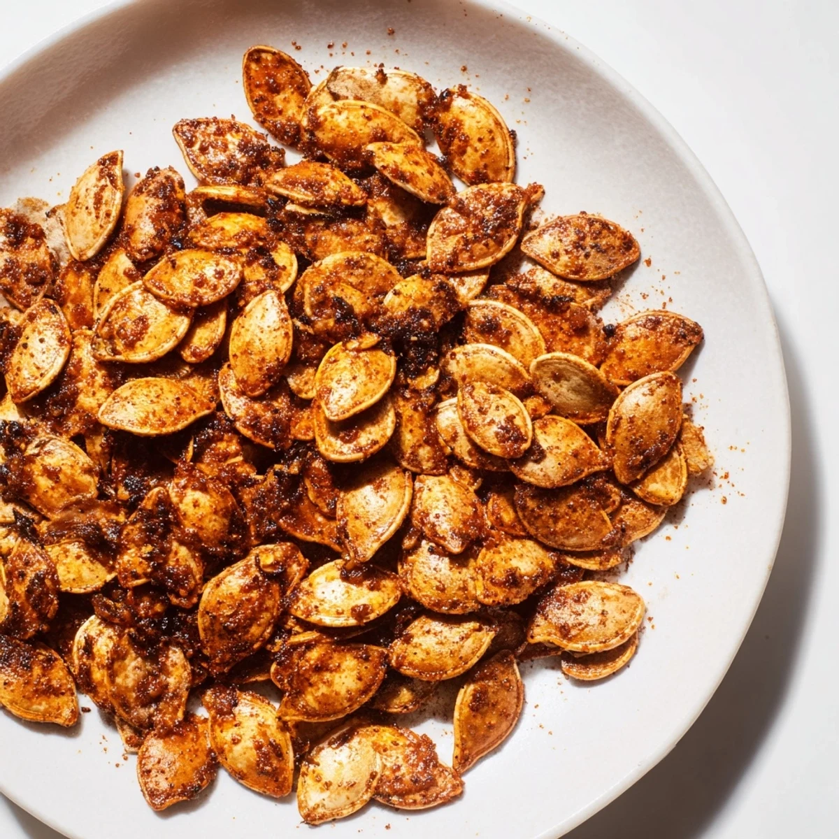 Golden-brown spiced pumpkin seeds, roasted to perfection, perfect for a cozy afternoon snack.