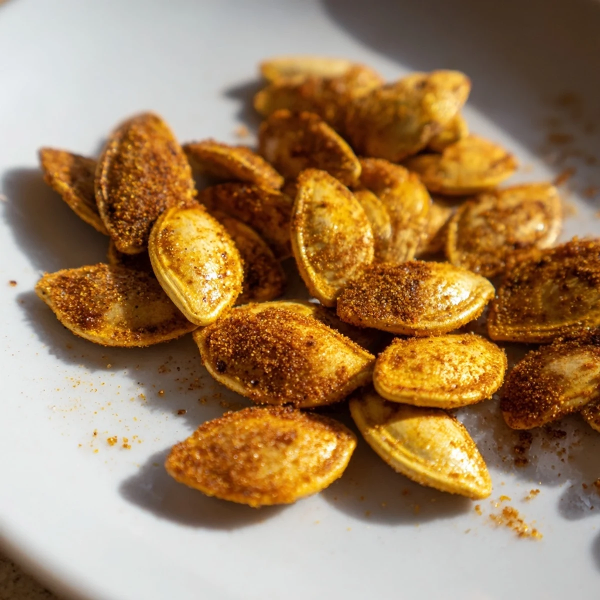 A close-up of oven-roasted spiced pumpkin seeds, ready to be enjoyed as a tasty, gluten-free treat.