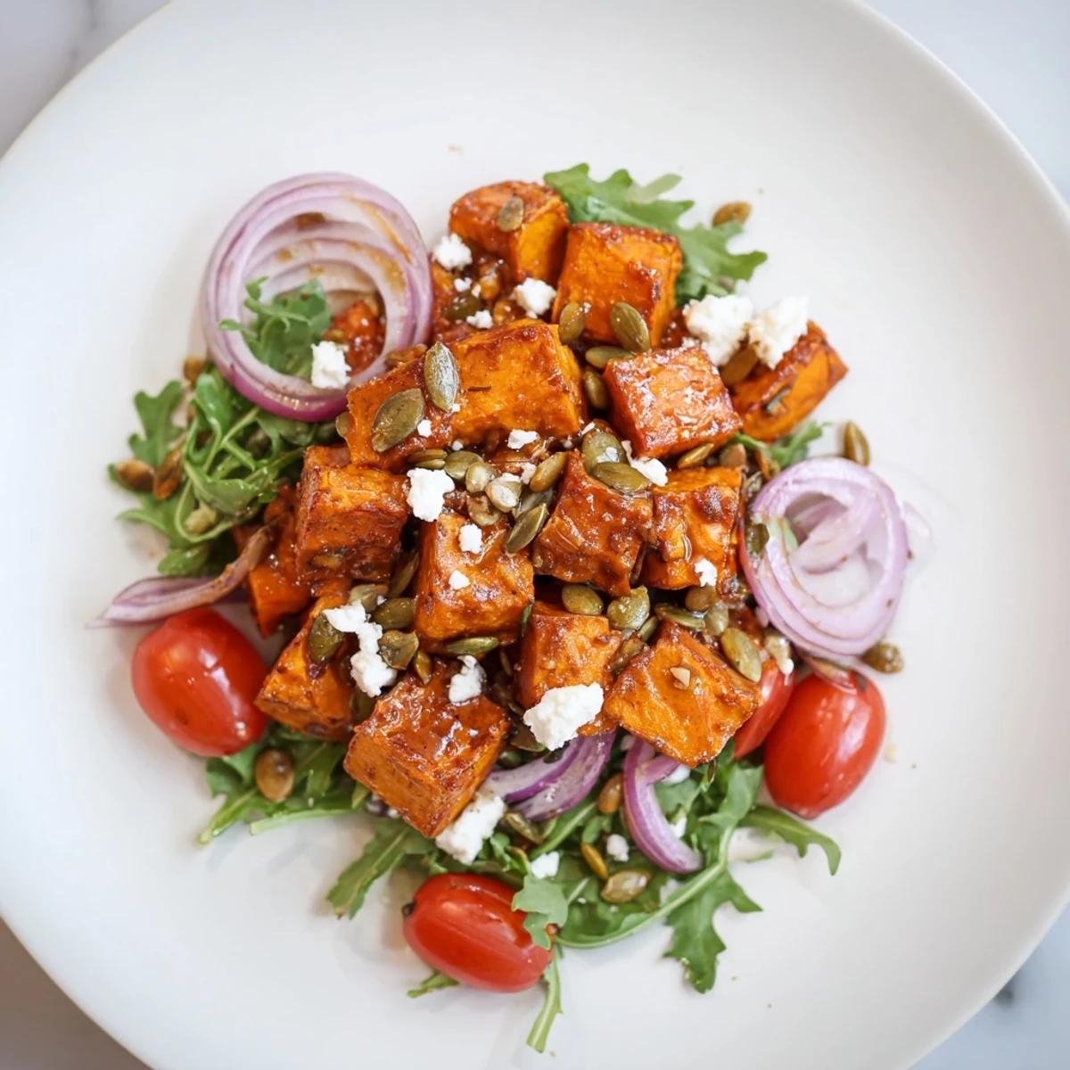 Golden, tender roasted sweet potatoes star in this colorful salad, tossed with a zesty dressing.
