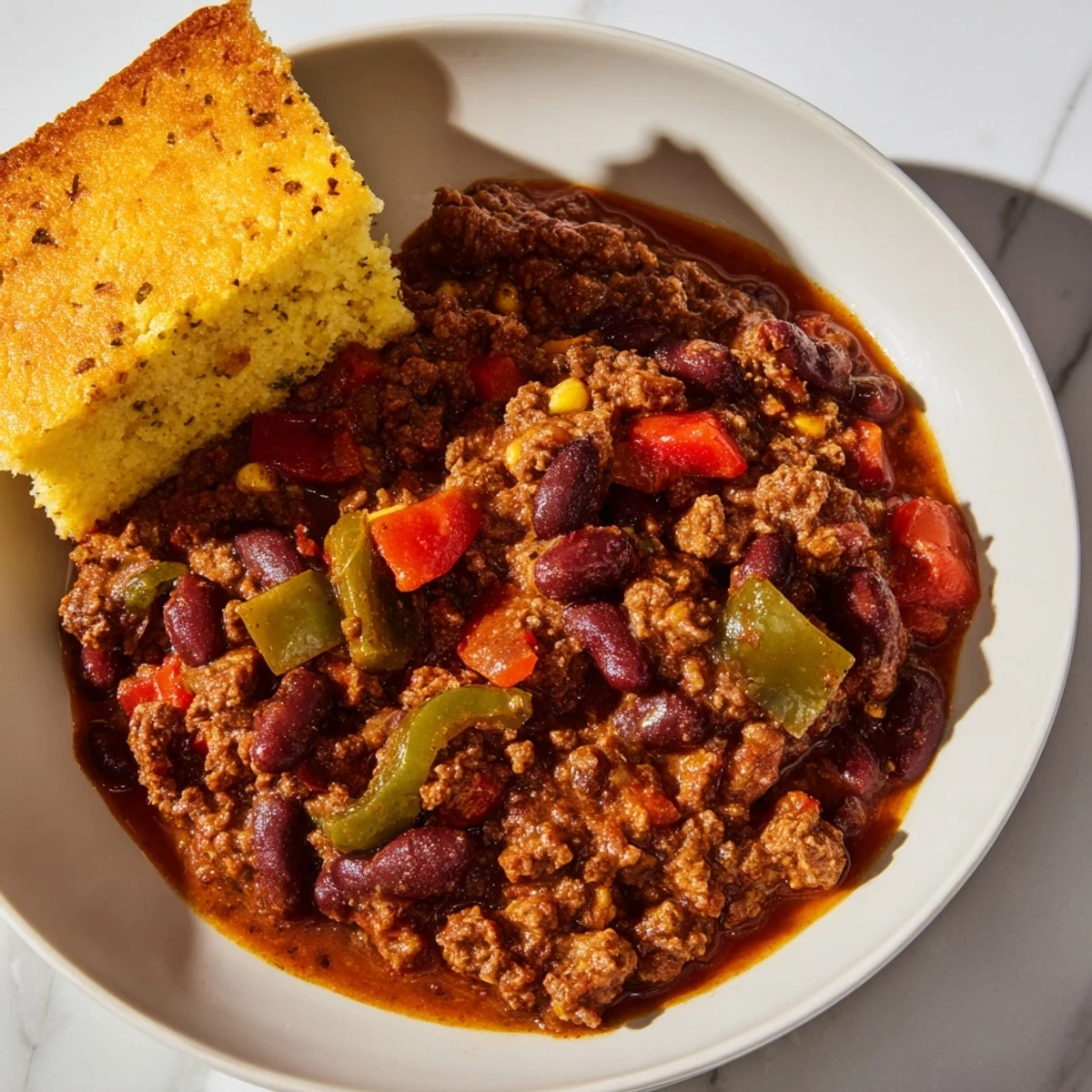 Hearty bowl of beef chili with cornbread; a warm, savory, and comforting meal prepared.