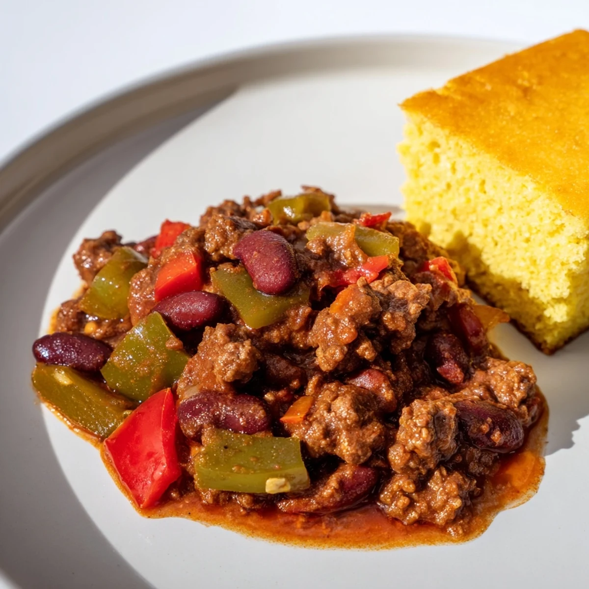 Steaming hot beef chili topped with cheese, alongside a golden square of fresh cornbread.