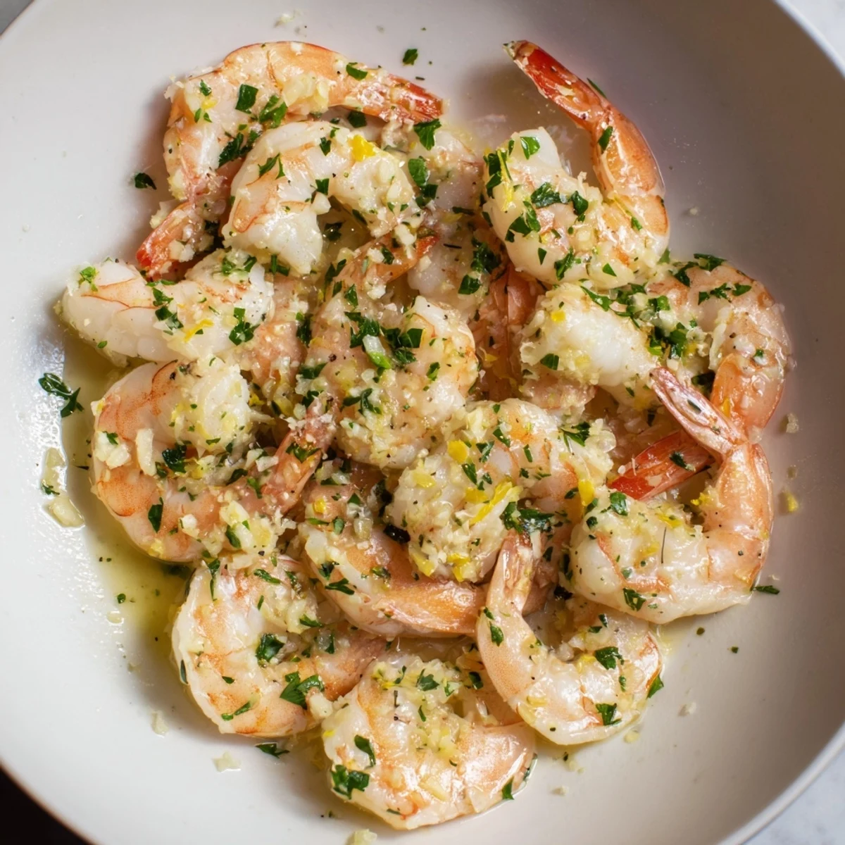 Close-up of Garlic Butter Shrimp Scampi sizzling in a pan with garlic and parsley.