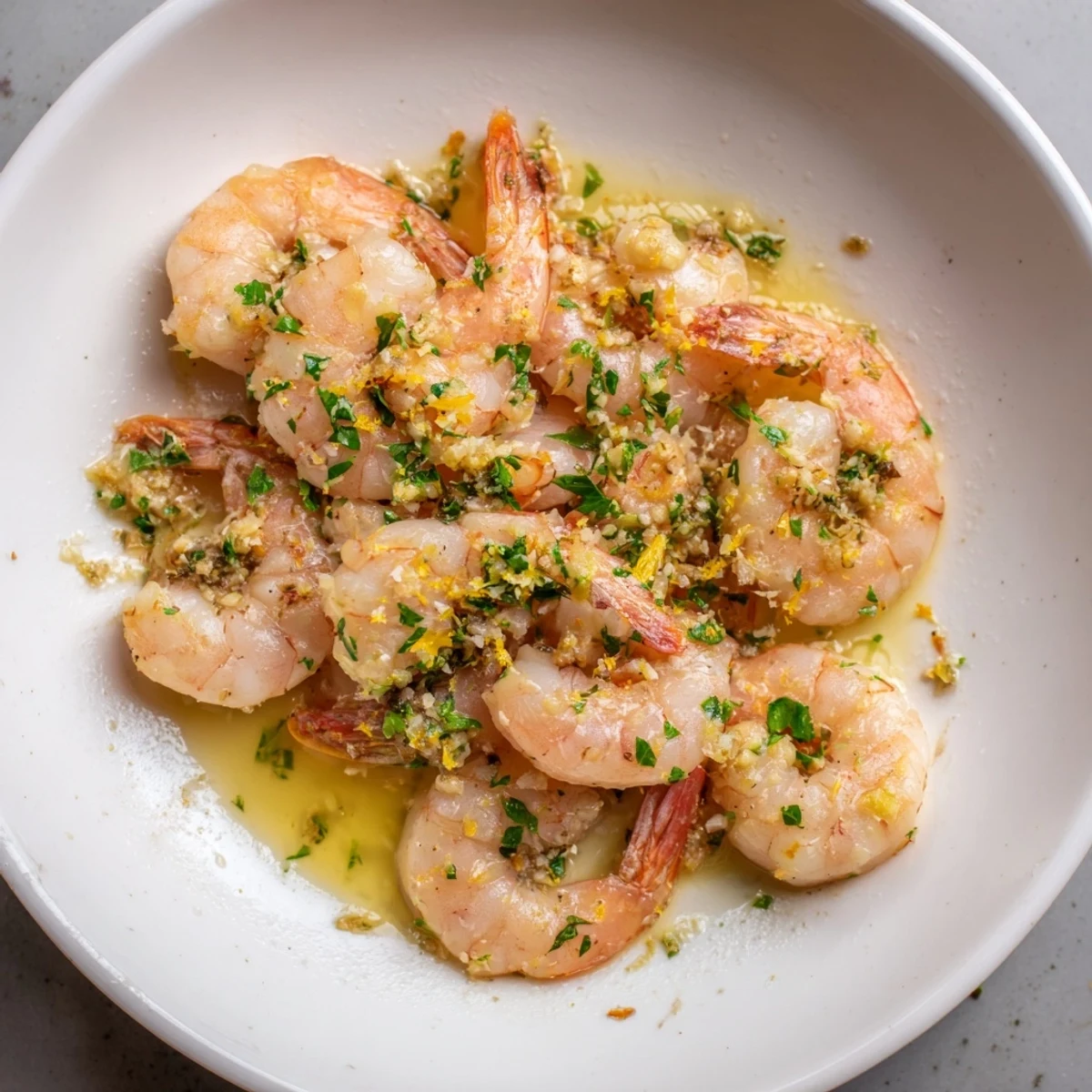 Golden garlic butter sauce coats the succulent Shrimp Scampi, ready to serve with lemon.