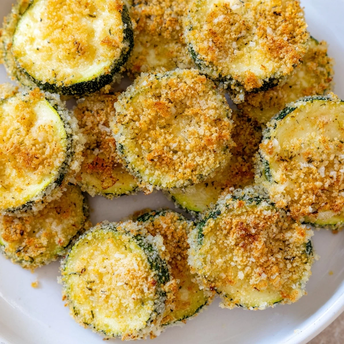 Golden brown and crispy Baked Parmesan Zucchini Chips, perfectly arranged on a baking sheet, ready to eat.