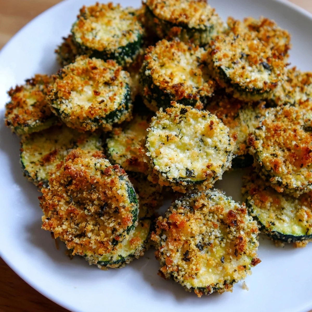Close-up of freshly baked Parmesan Zucchini Chips, with herbs visible, ideal for a savory vegetarian snack.