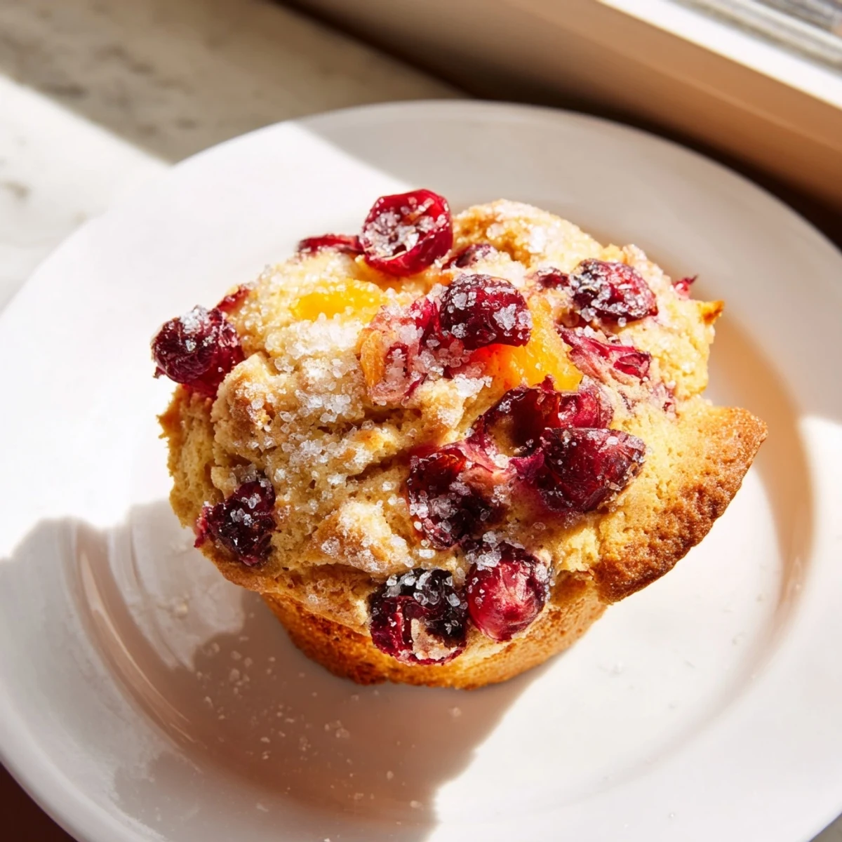 Golden, baked Cranberry Orange Muffin Tops, dotted with bright red cranberries and sprinkled with sugar.