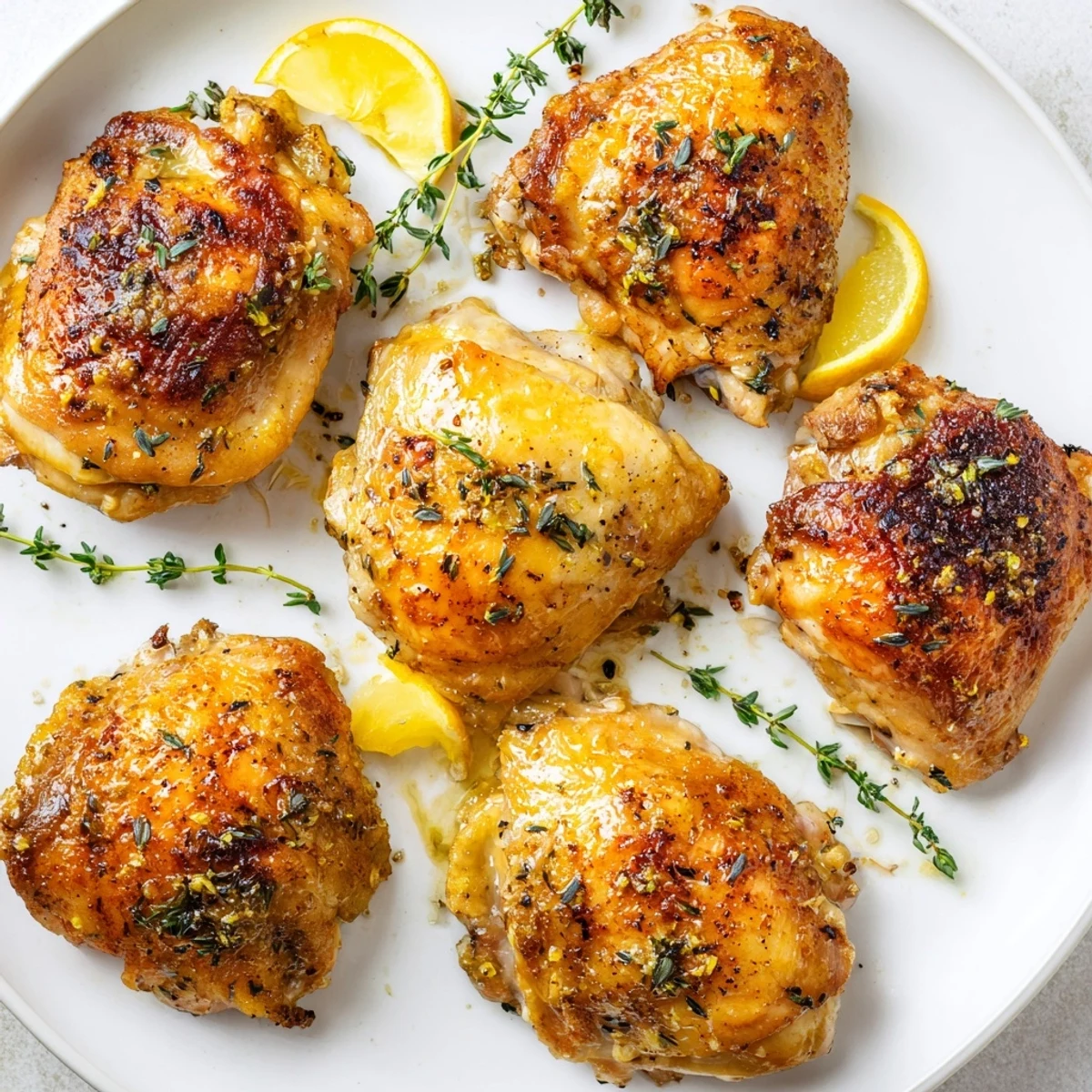 Golden, crispy roasted chicken thighs with oregano, served with a bright lemon wedge, look delicious.