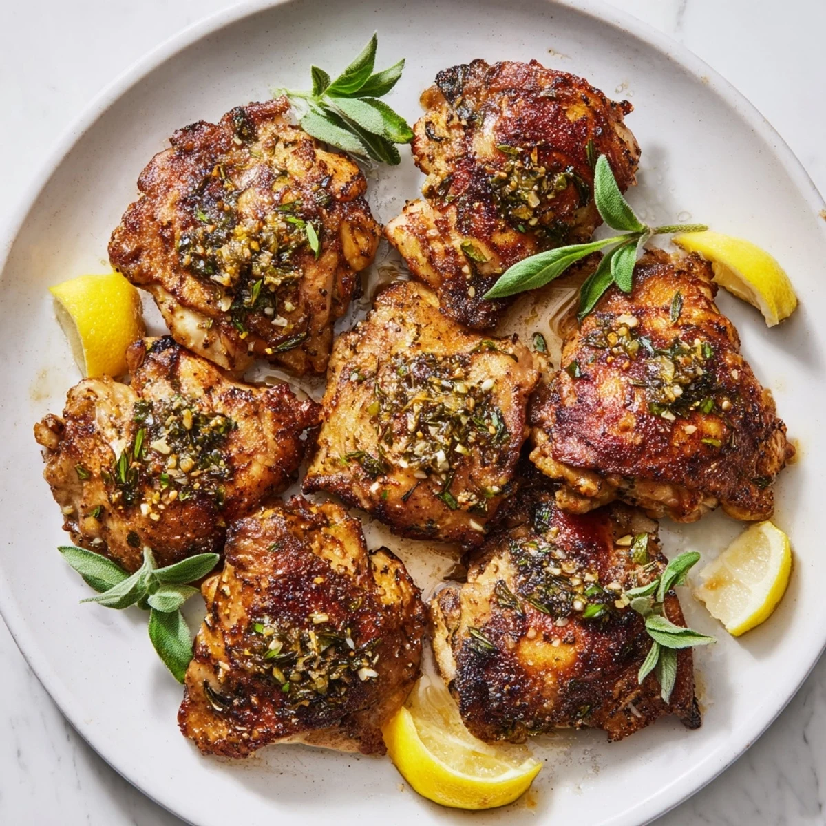 Juicy, Mediterranean-style roasted chicken thighs with oregano, garlic, and bright lemon zest, ready to serve.