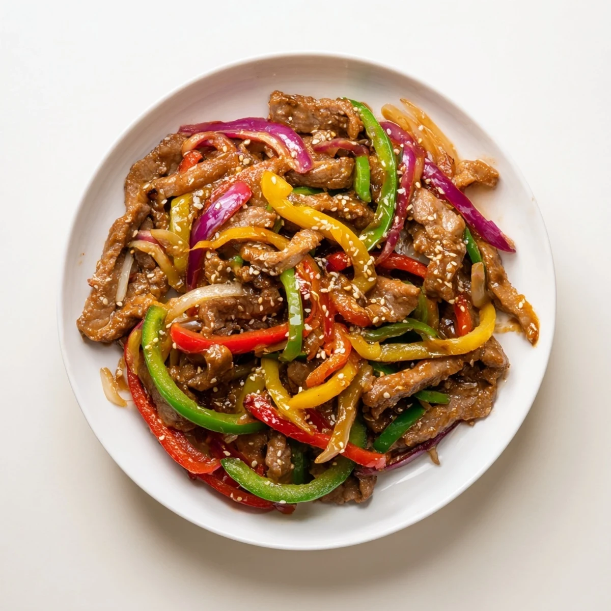 A vibrant photo of Spicy Beef and Pepper Stir Fry with glistening sauce and fresh spring onions.