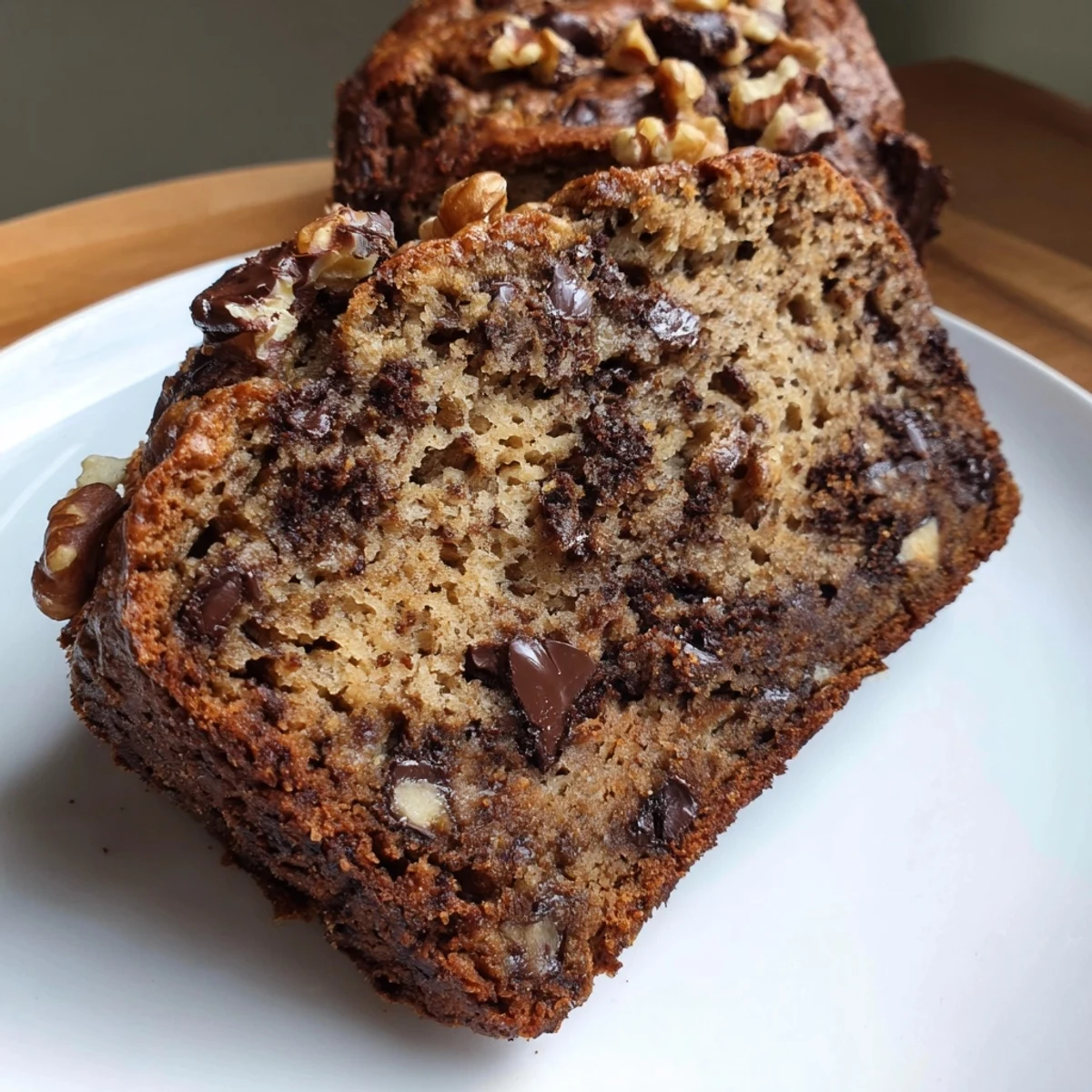 Moist-looking slices of homemade chocolate chip banana bread, showcasing abundant chocolate chips and a golden crust.
