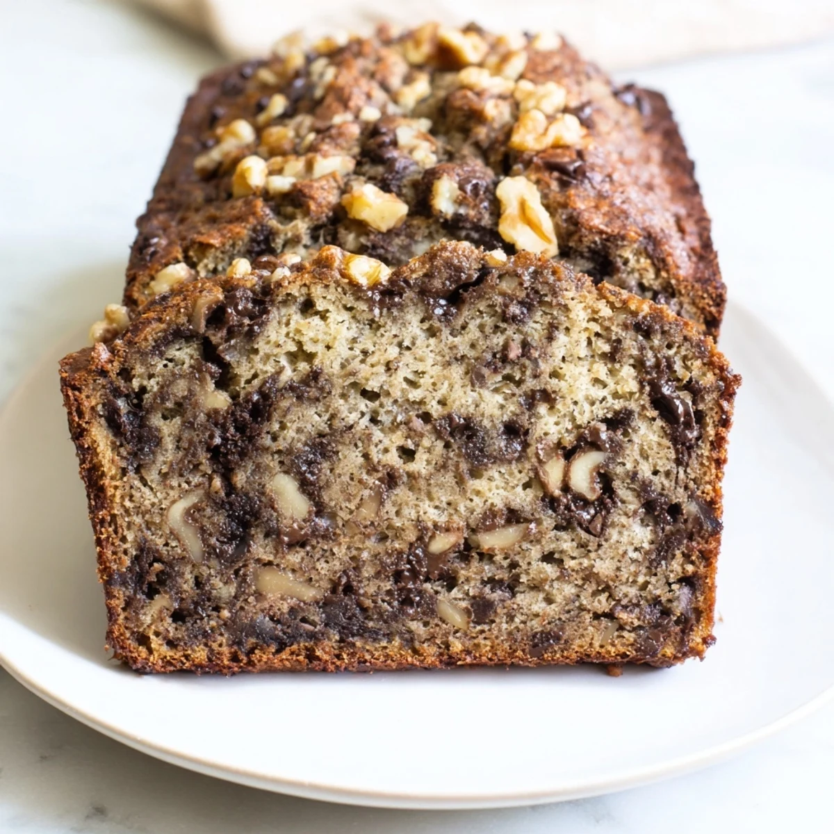A delicious close-up of sliced chocolate chip banana bread, ready to serve and enjoy with a perfect texture.