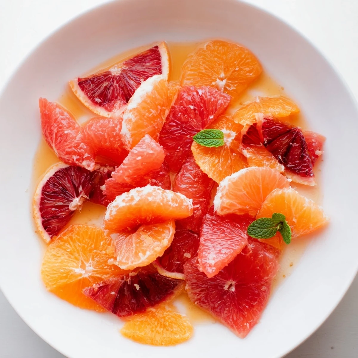 A bright, colorful Winter Citrus Fruit Salad glistening with a honey-lime dressing and fresh mint.