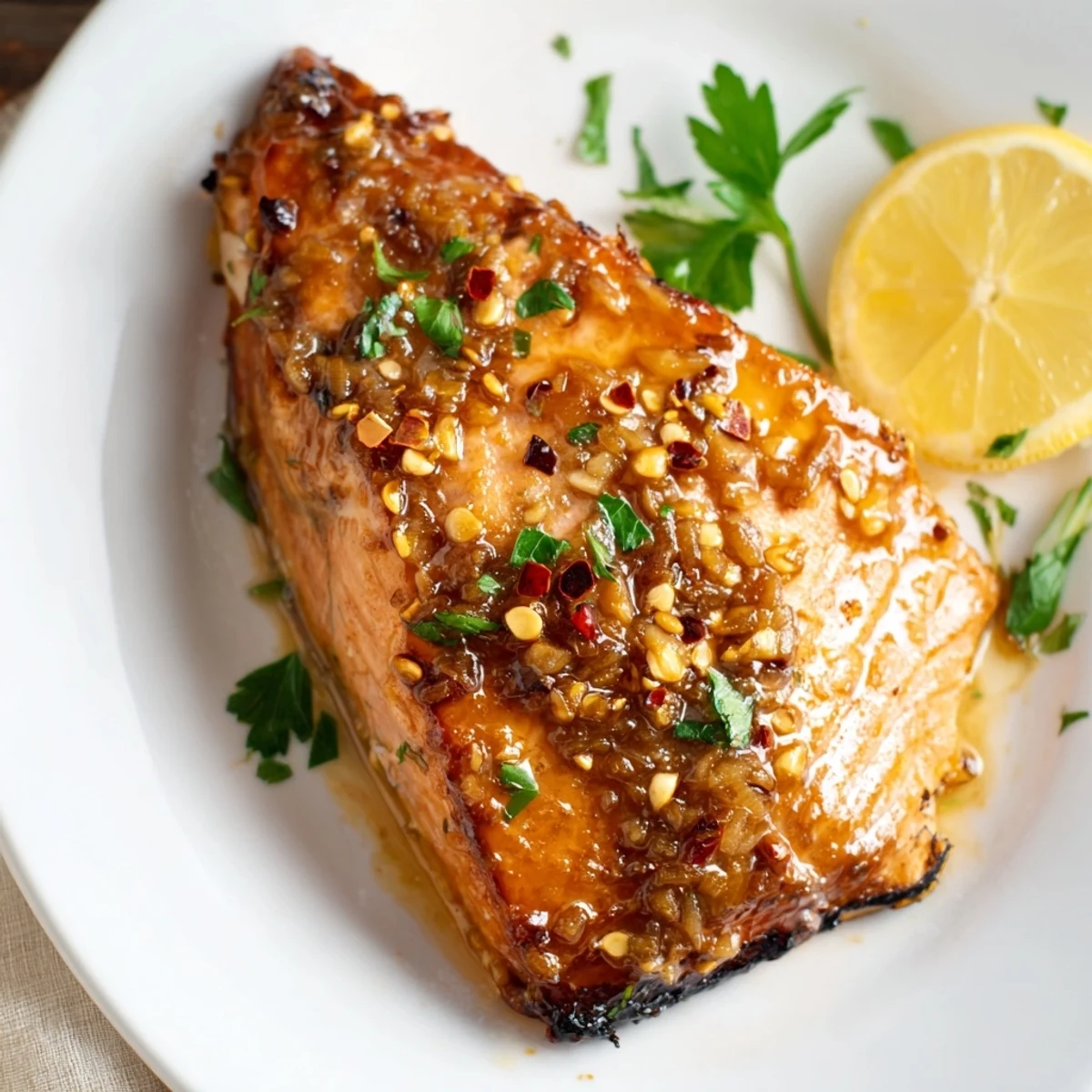 Golden honey garlic glazed salmon glistening post-cooking, ready to be served with fresh parsley garnish.