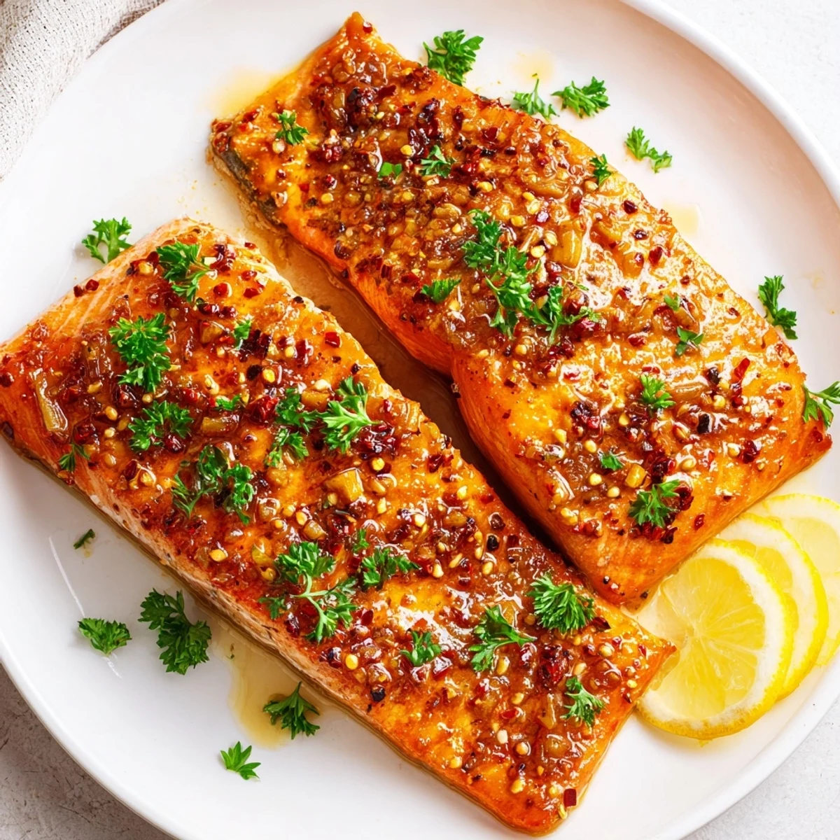 Savory and sweet honey garlic glazed salmon cooked in a skillet, showcasing a perfectly glazed texture and vibrant color.