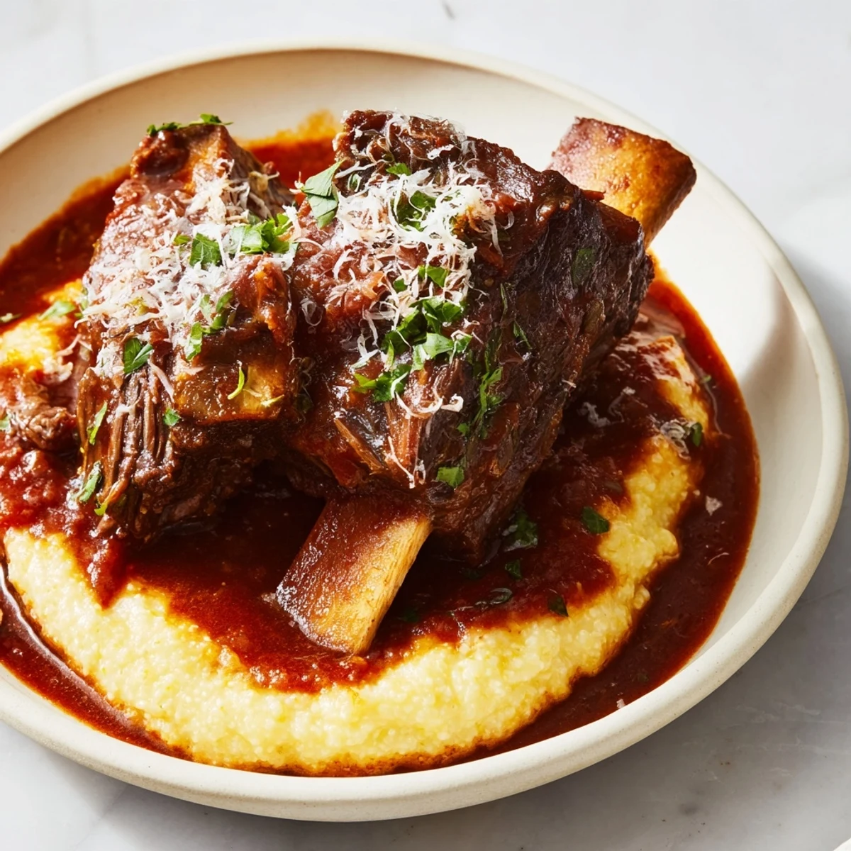 Tender Braised Beef Short Ribs with Polenta, richly sauced, resting on a bed of creamy polenta.