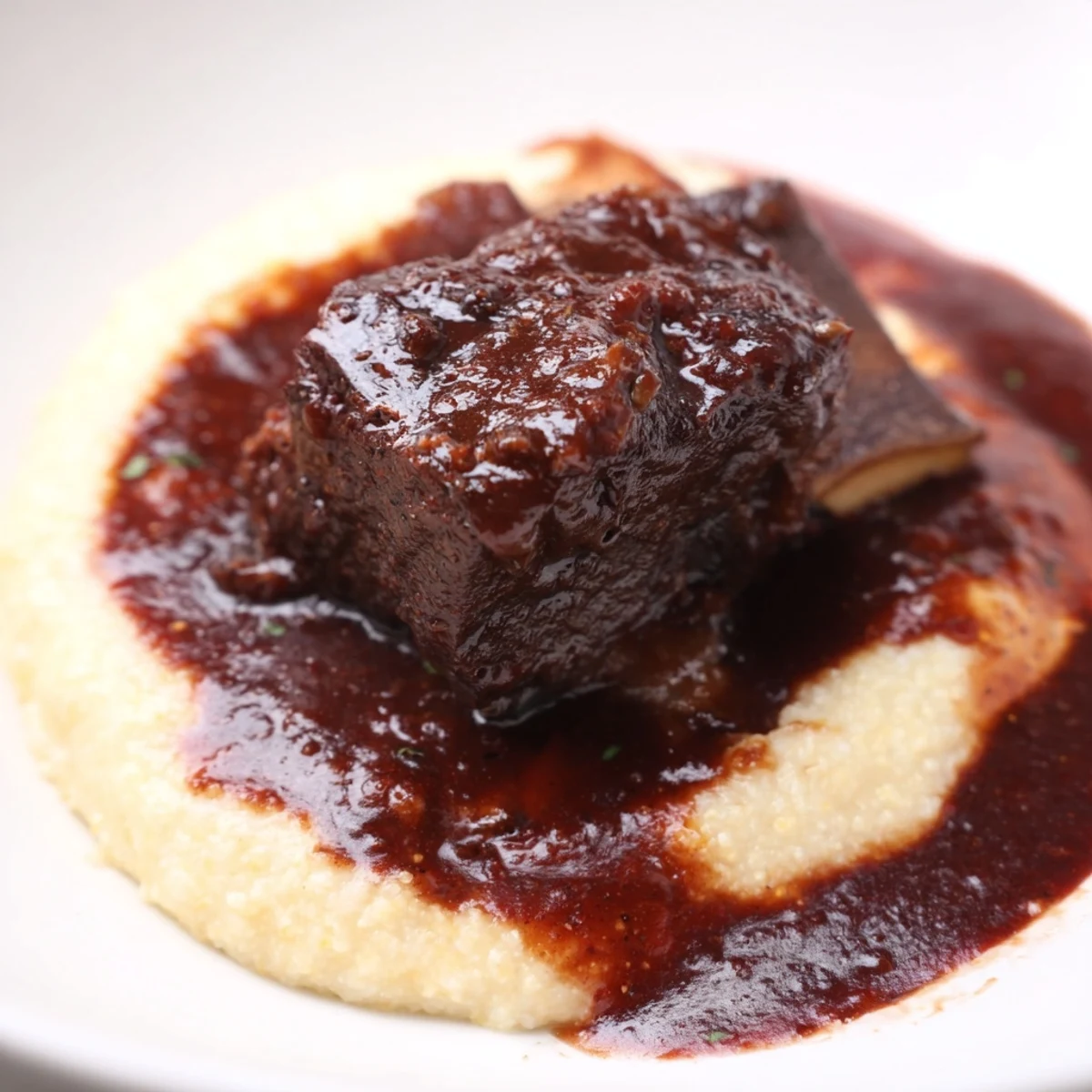 Close-up of Braised Beef Short Ribs with Polenta, showcasing a flavorful, easy comfort food dinner.