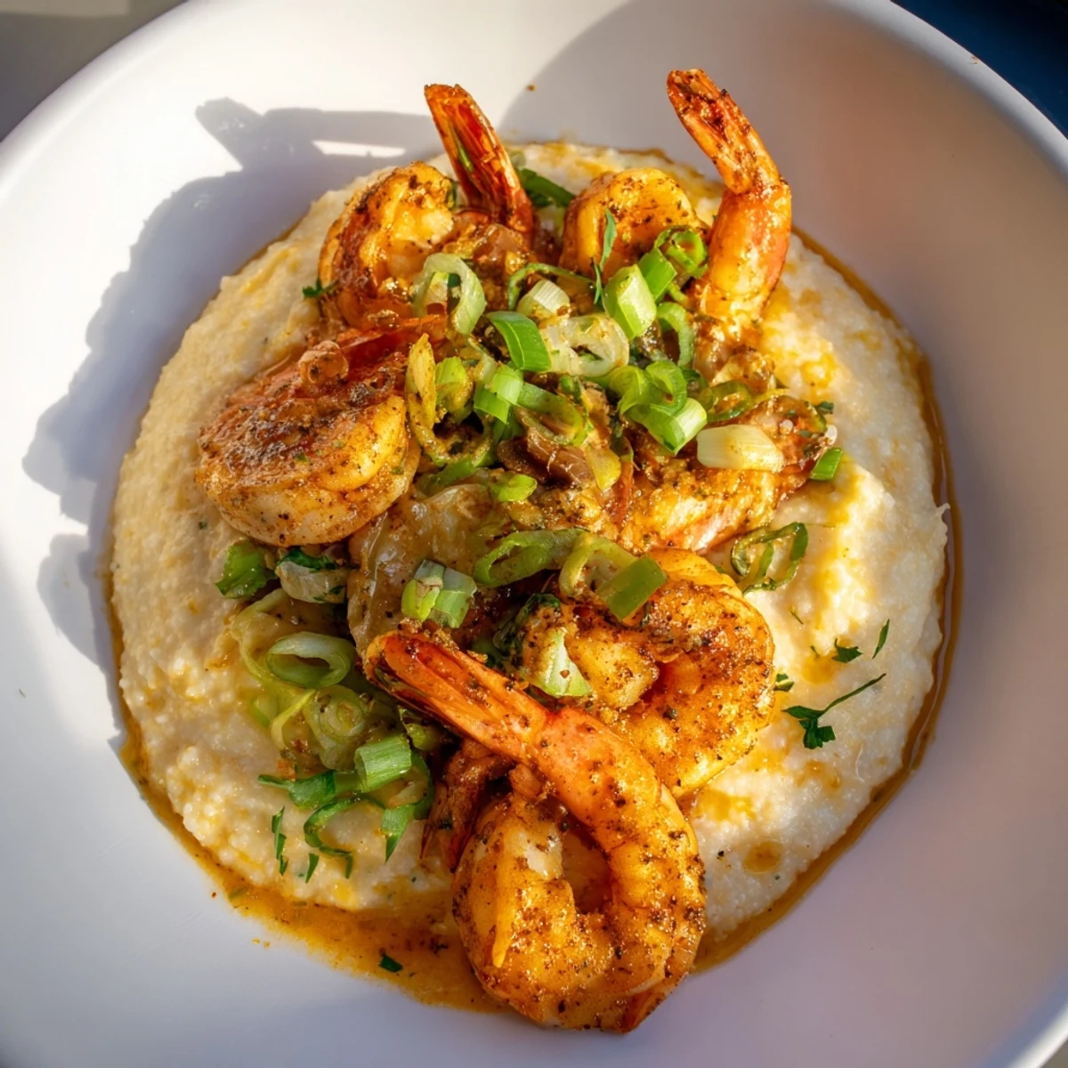 Sizzling Cajun shrimp and grits served, a flavorful Southern meal with creamy, cheesy grits.