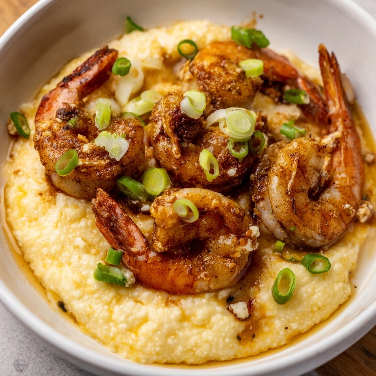 Vibrant image of Spicy Cajun Shrimp and Grits, the shrimp a delightful contrast to the grits' creaminess.