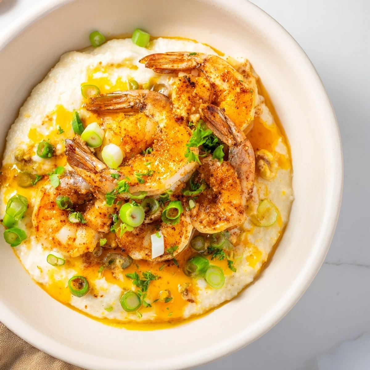 A steaming bowl of comforting Cajun Shrimp and Grits, garnished with green onions and fresh parsley, delicious.
