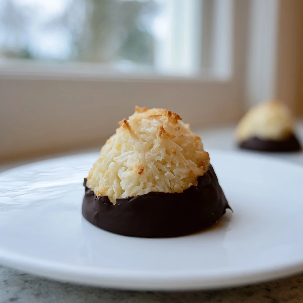 Golden-brown Chocolate Dipped Coconut Macaroons, a tempting dessert, perfectly glazed in dark chocolate.