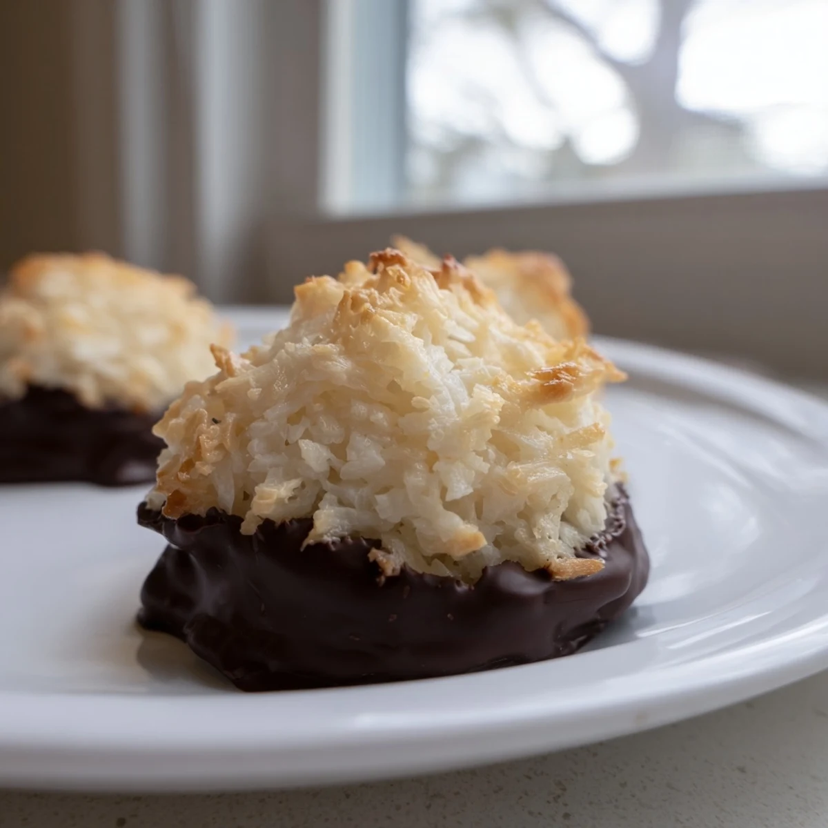 Indulge in sweet, chewy Chocolate Dipped Coconut Macaroons; dipped expertly for a decadent finish.