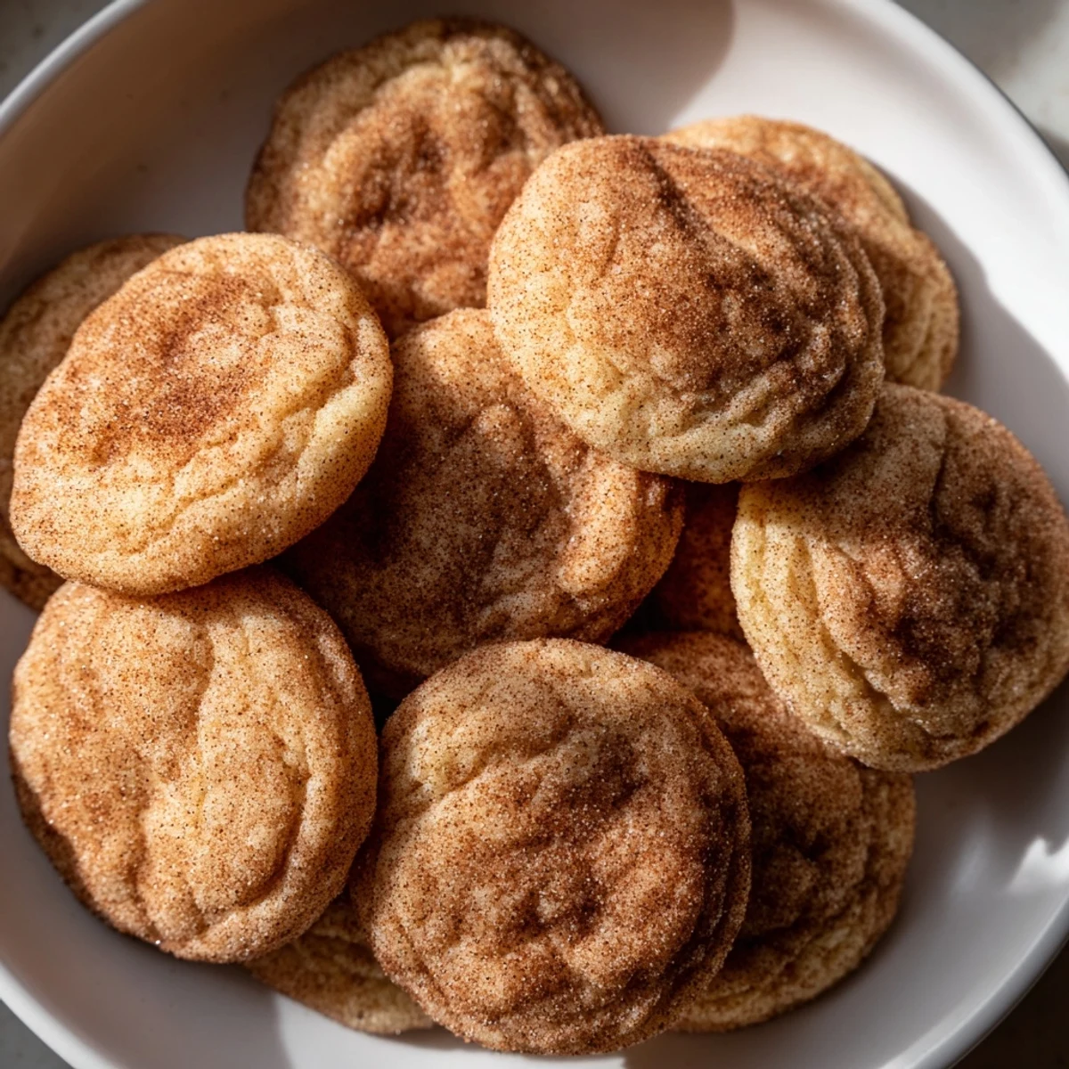 Soft and chewy snickerdoodles, perfectly rolled in cinnamon sugar, ready to be enjoyed with a glass of milk.