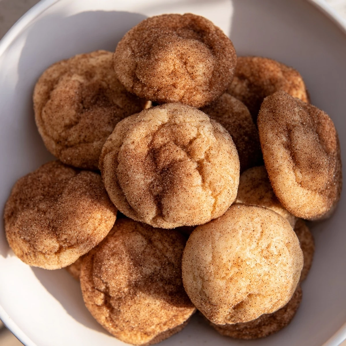 Warm, golden snickerdoodles with a cinnamon-sugar coating, a classic treat enjoyed fresh from the oven.