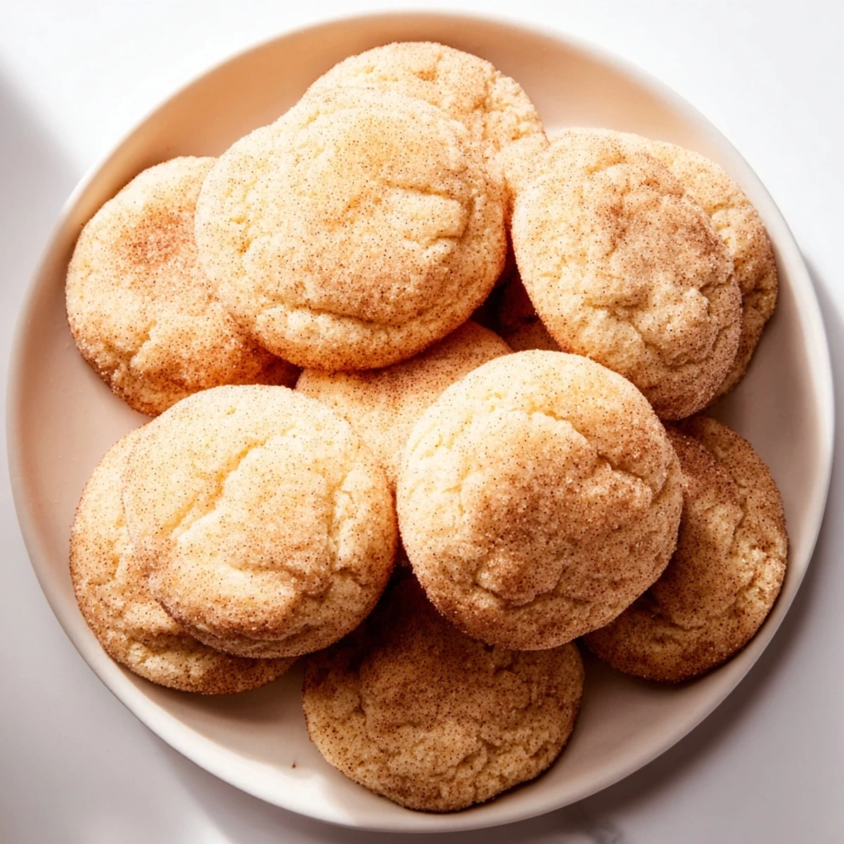 A plateful of homemade snickerdoodles, the sweet, tangy cookies with a crackly top, ideal for sharing.
