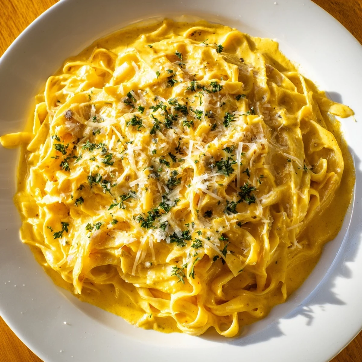 A steaming bowl of Creamy Pumpkin Pasta Sauce, perfect for a warming autumn dinner.