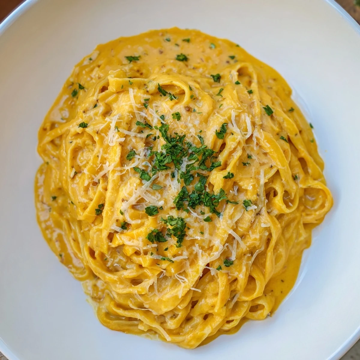 Rich, orange Creamy Pumpkin Pasta Sauce coating pasta, ready to be topped with fresh parsley.