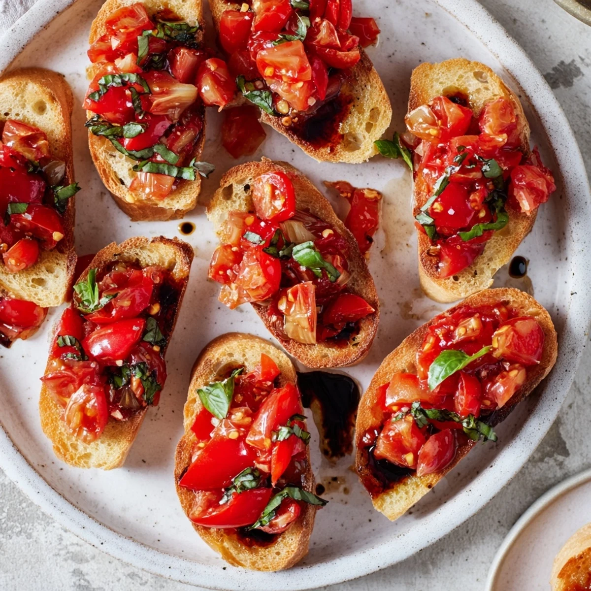 Enjoy a close-up of the flavorful Roasted Garlic and Tomato Bruschetta, showcasing its vibrant freshness.