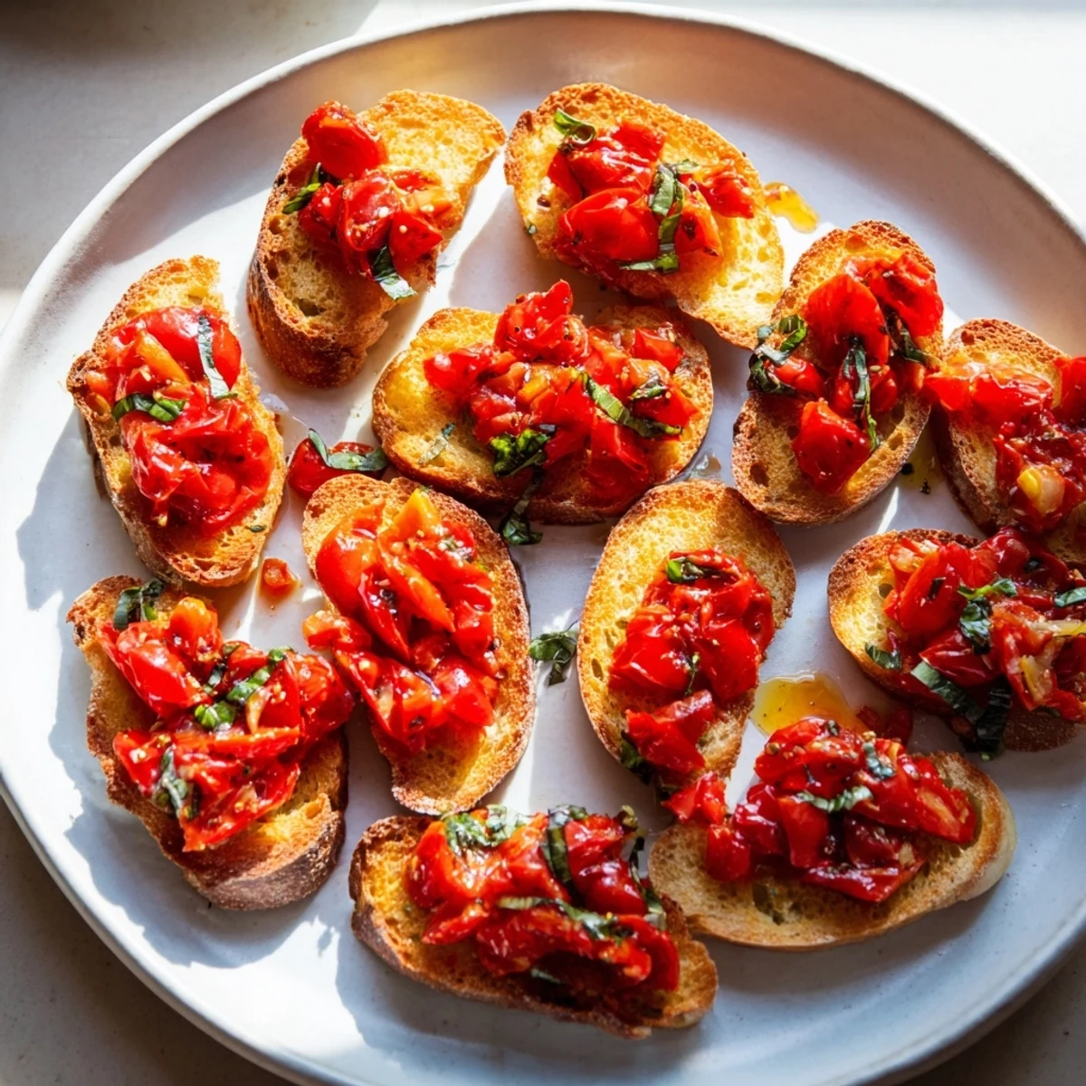 Beautifully plated Roasted Garlic and Tomato Bruschetta, a delightful Italian appetizer ready to savor.