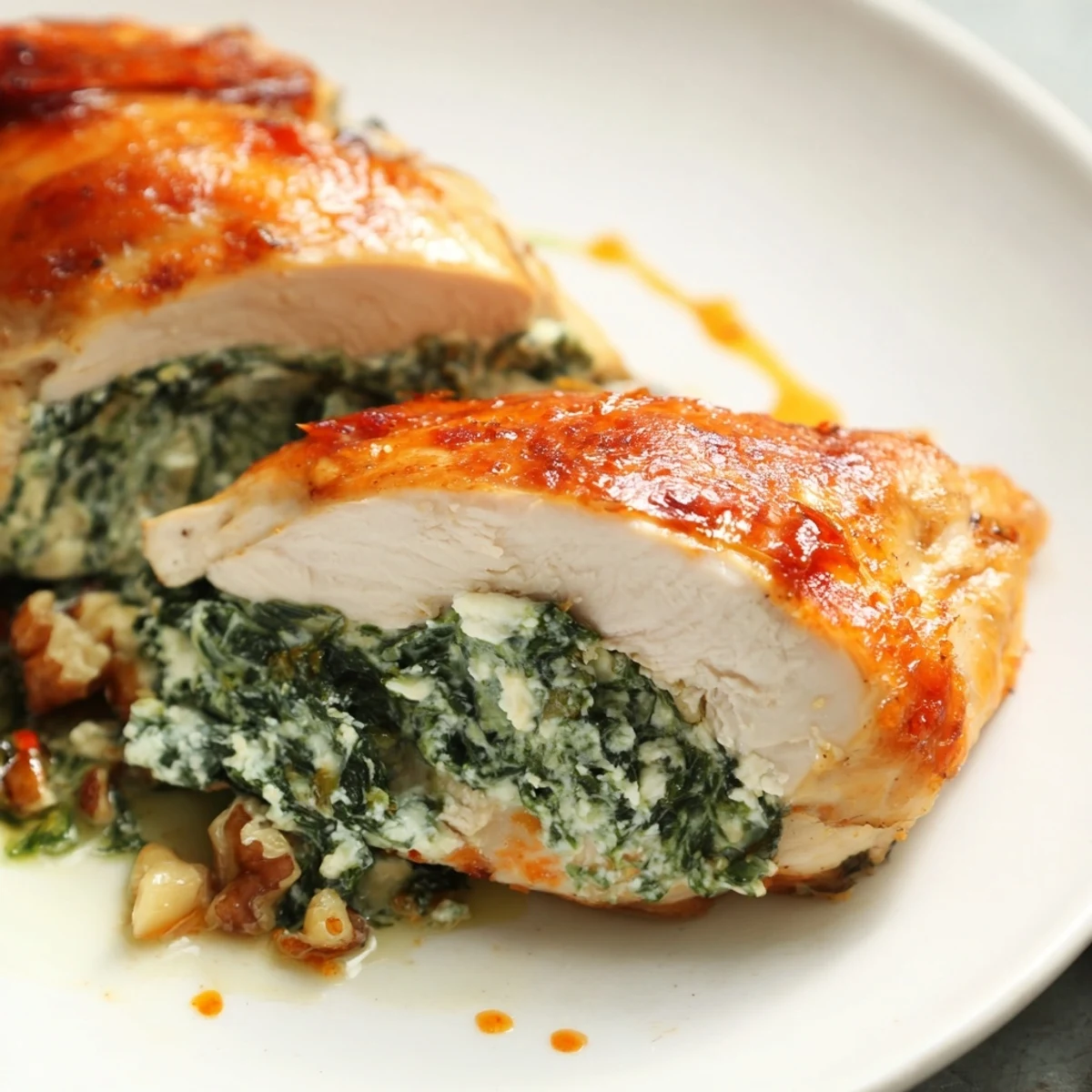 Golden baked Spinach and Feta Stuffed Chicken Breast, a main dish brimming with creamy filling.