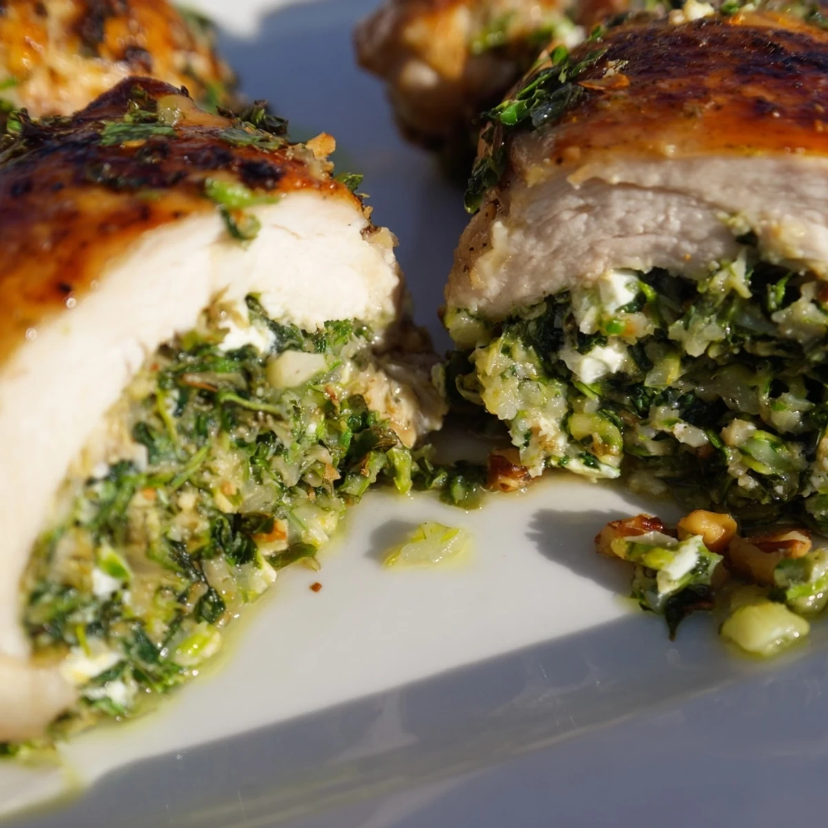 Succulent Spinach and Feta Stuffed Chicken Breast, boasting vibrant green spinach and feta cheese inside.