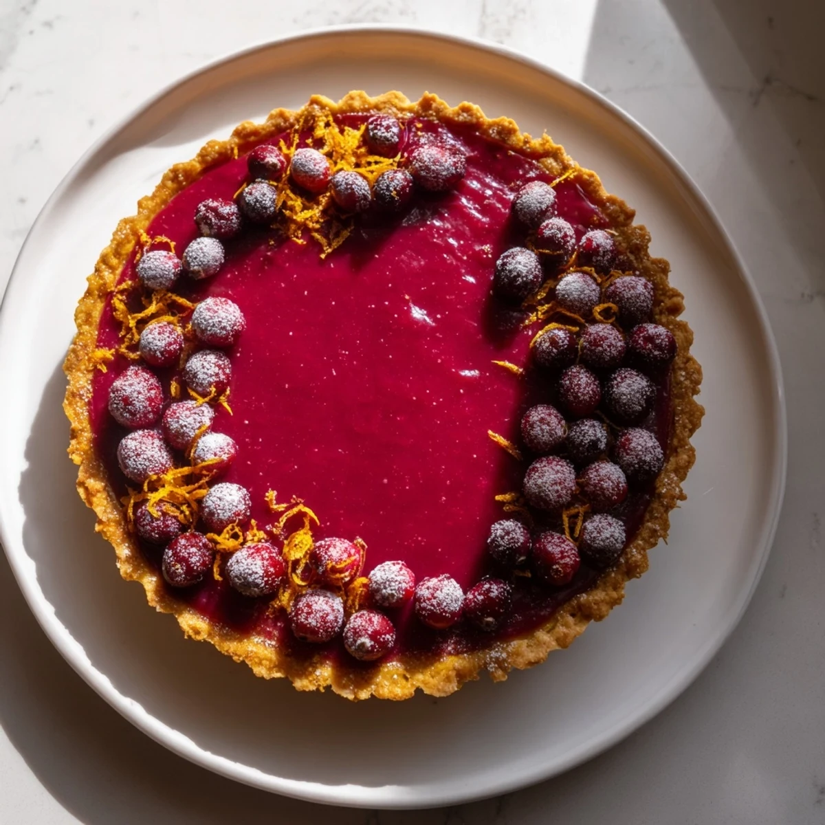 Golden, flaky crust cradling a vibrant and glossy cranberry curd tart, ready to be enjoyed.