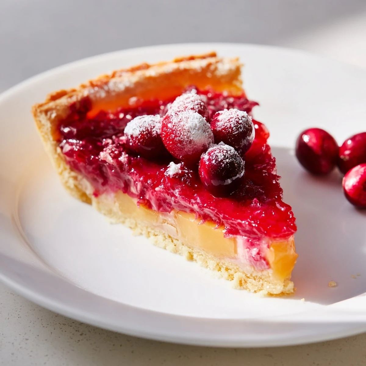 Close-up of a perfectly formed Cranberry Curd Tart; imagine the beautiful red filling shimmering.