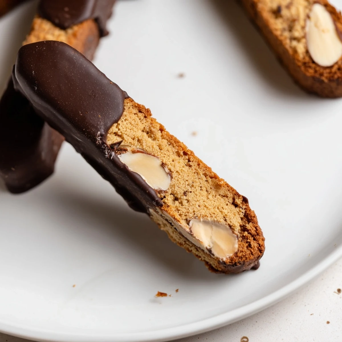 Chocolate dipped almond biscotti, crisp and perfect for dunking in coffee or enjoying as a treat.