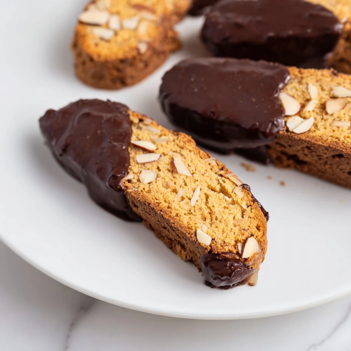 These delicious chocolate dipped almond biscotti are twice-baked to a delightful, crunchy texture.