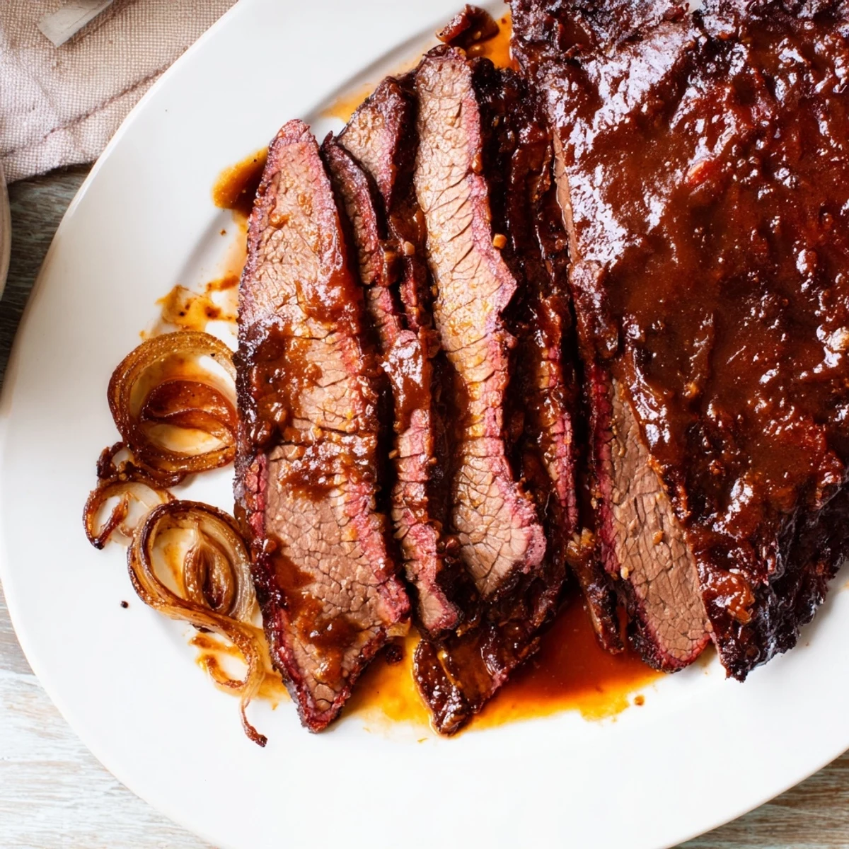 Savory beef brisket with barbecue sauce, glistening with a rich smoky glaze, resting on a platter.