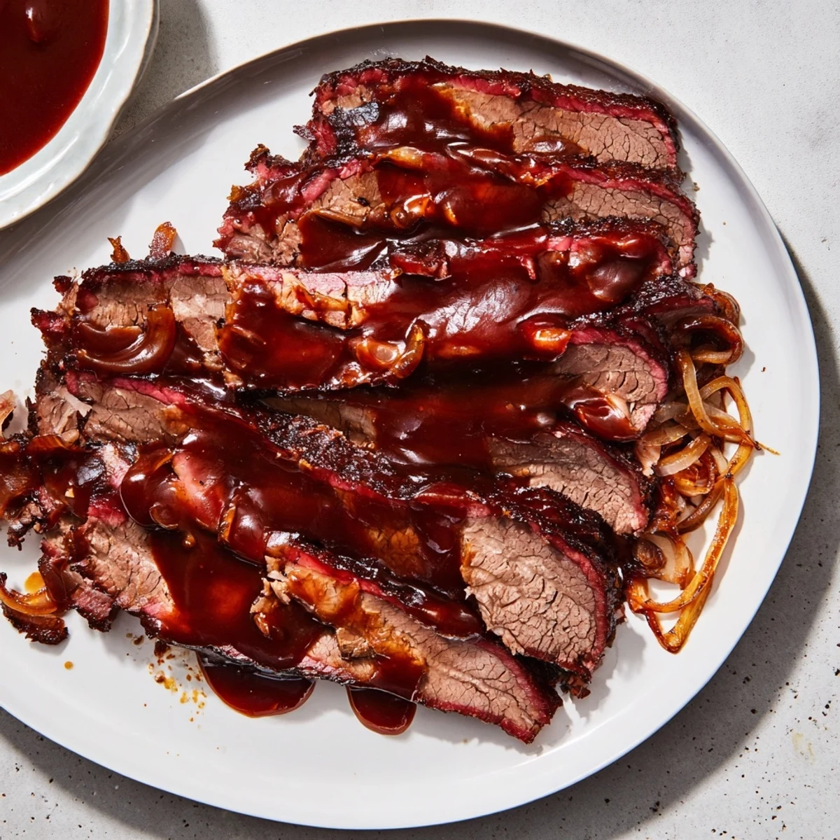 Mouthwatering image of slow-cooked beef brisket, swimming in tangy homemade barbecue sauce, ready to serve.