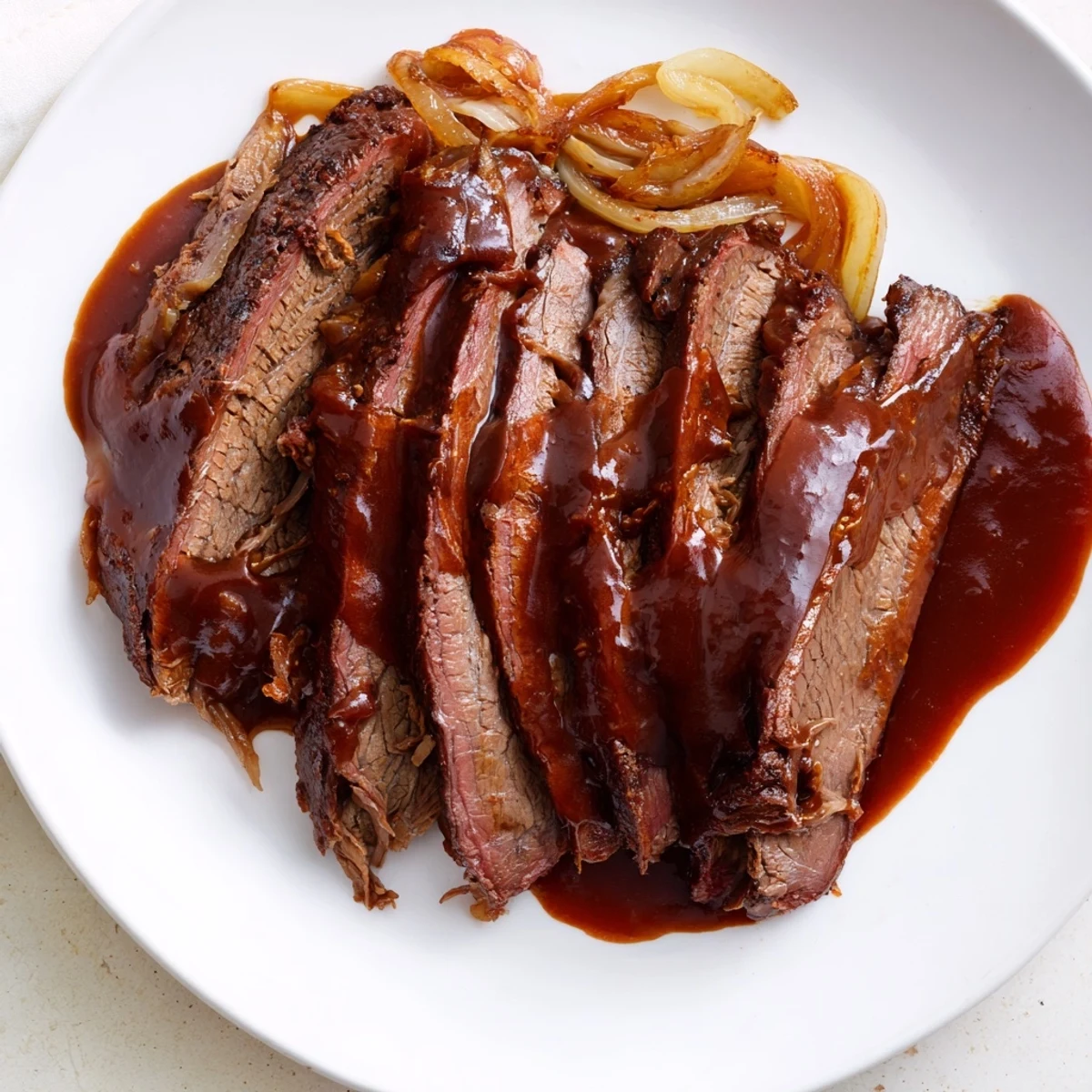 Tender, pull-apart beef brisket, coated in sweet and smoky barbecue sauce, ideal for a backyard feast.