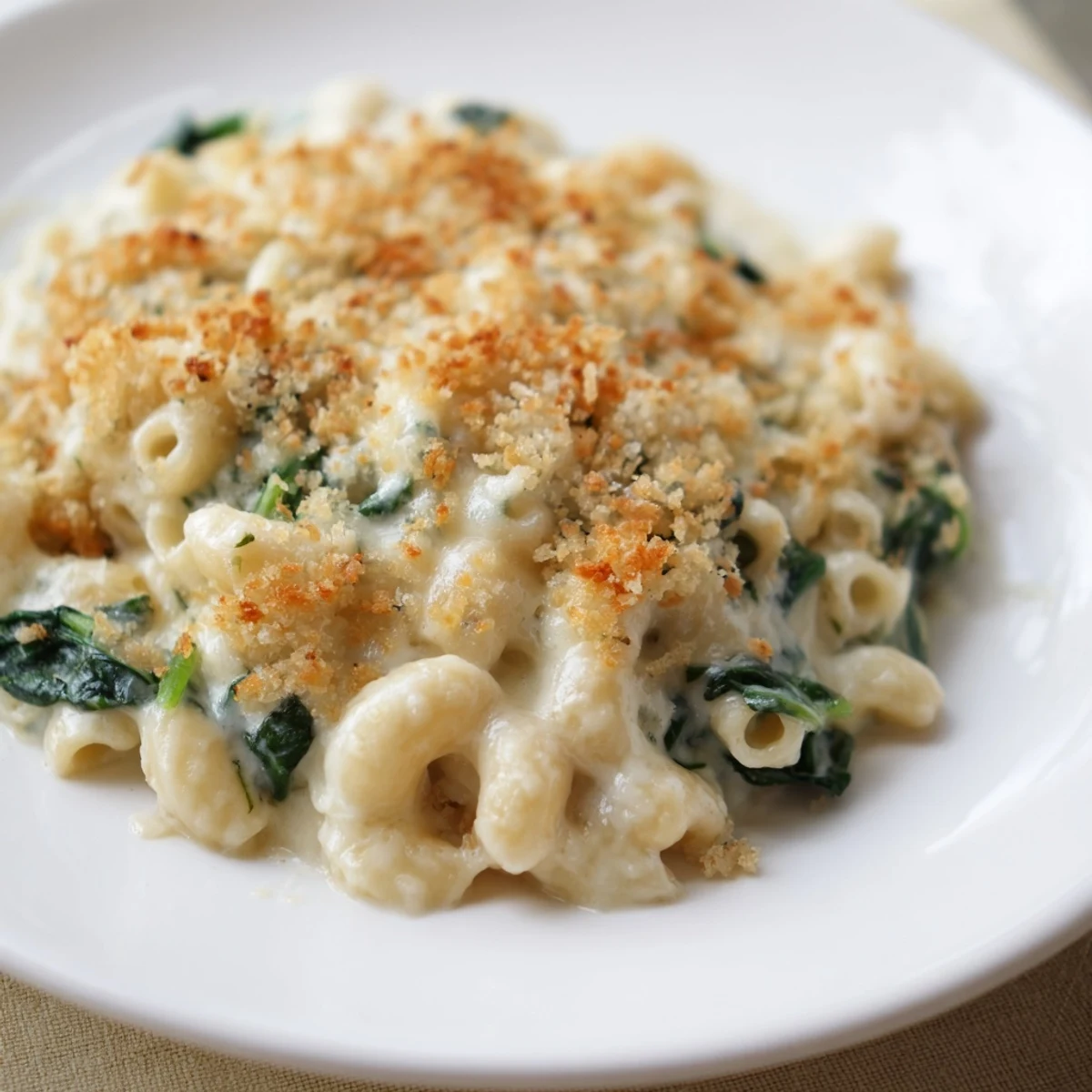 Golden-brown baked macaroni and cheese with spinach, bubbly and inviting, ready to serve.