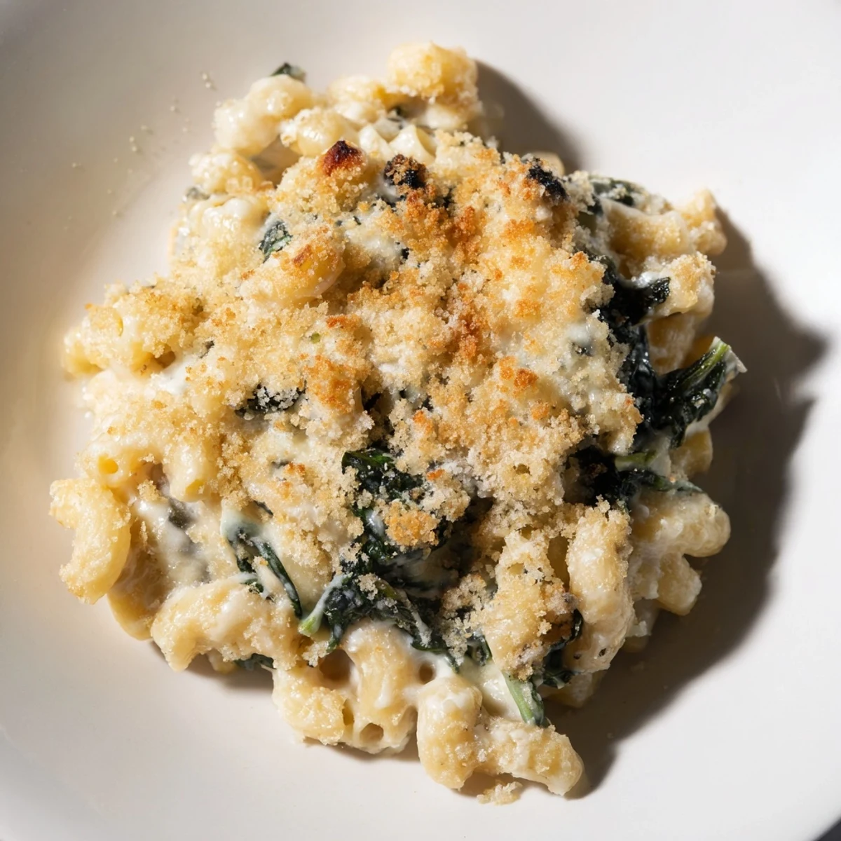 Creamy baked macaroni and cheese with spinach, topped with crunchy breadcrumbs, a comforting casserole.