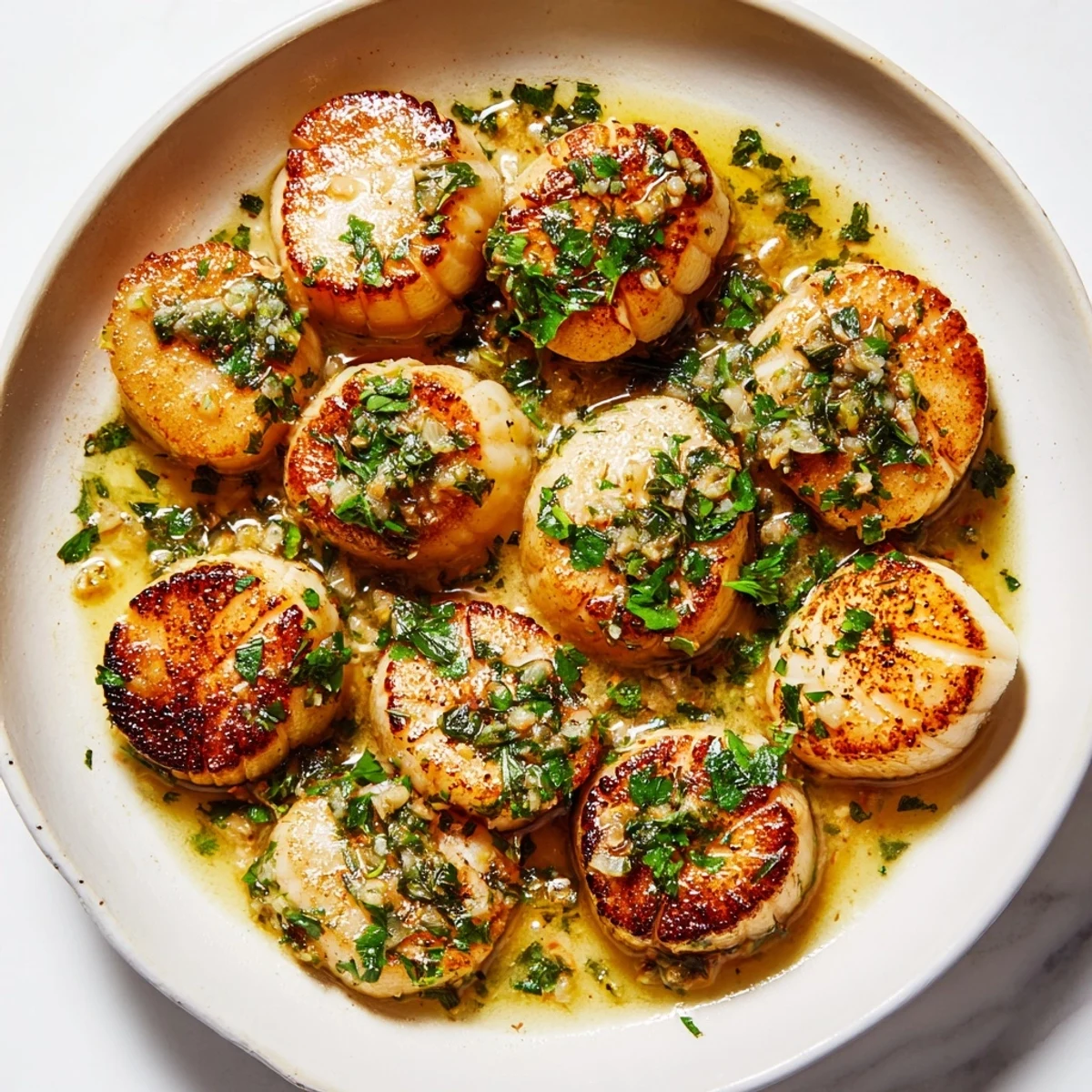 Golden-brown Garlic Butter Scallops glistening, plated atop a bed of fresh parsley, ideal for dinner.