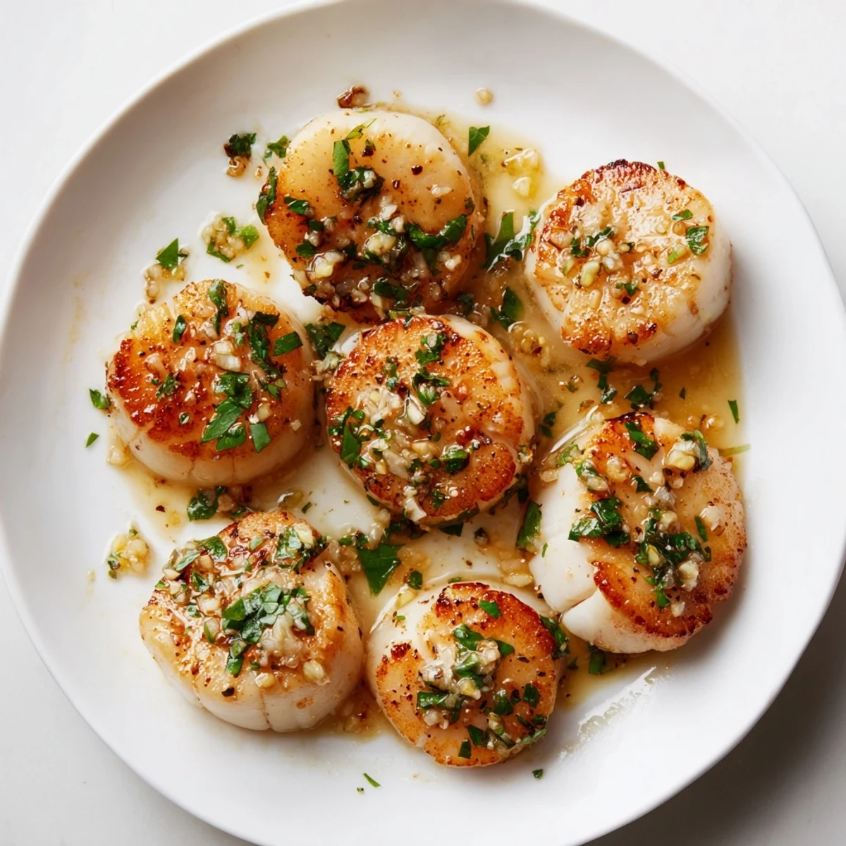 Juicy Garlic Butter Scallops perfectly seared, infused with garlic, ready to serve with lemon wedges.