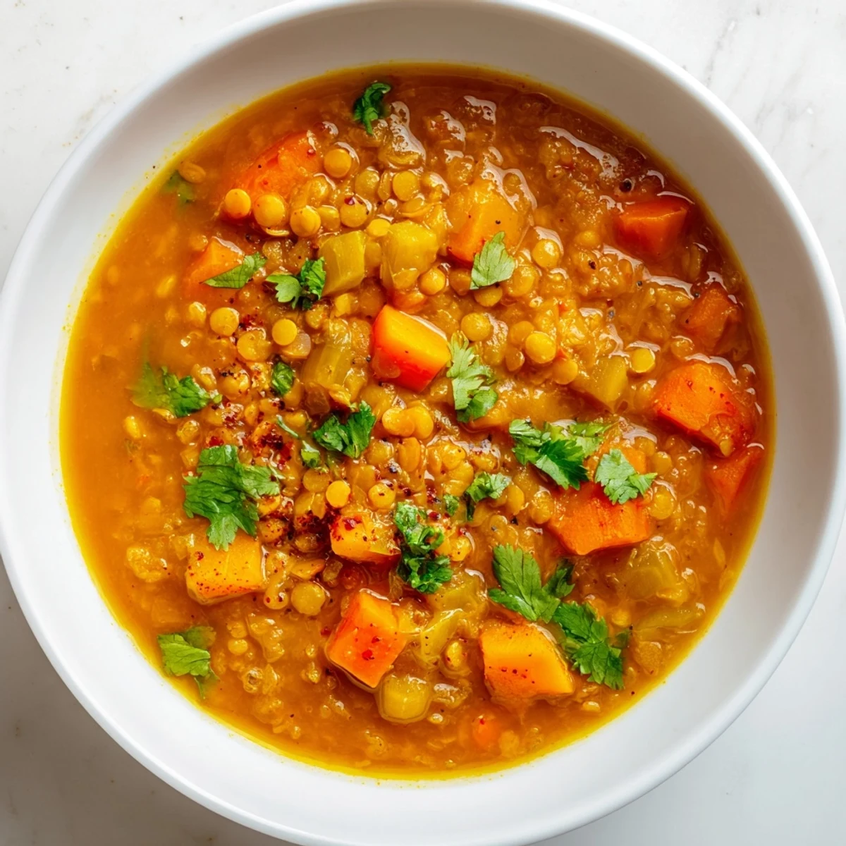 Steaming bowl of Spiced Lentil Soup, vibrantly garnished with fresh coriander and ready to savor.