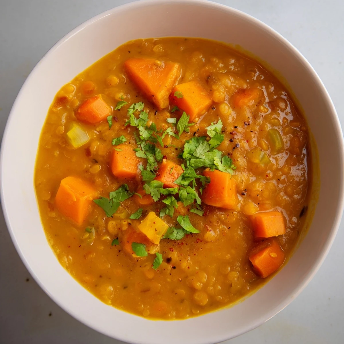 A close-up shot of the flavorful Spiced Lentil Soup, hinting at warmth and comforting spices.