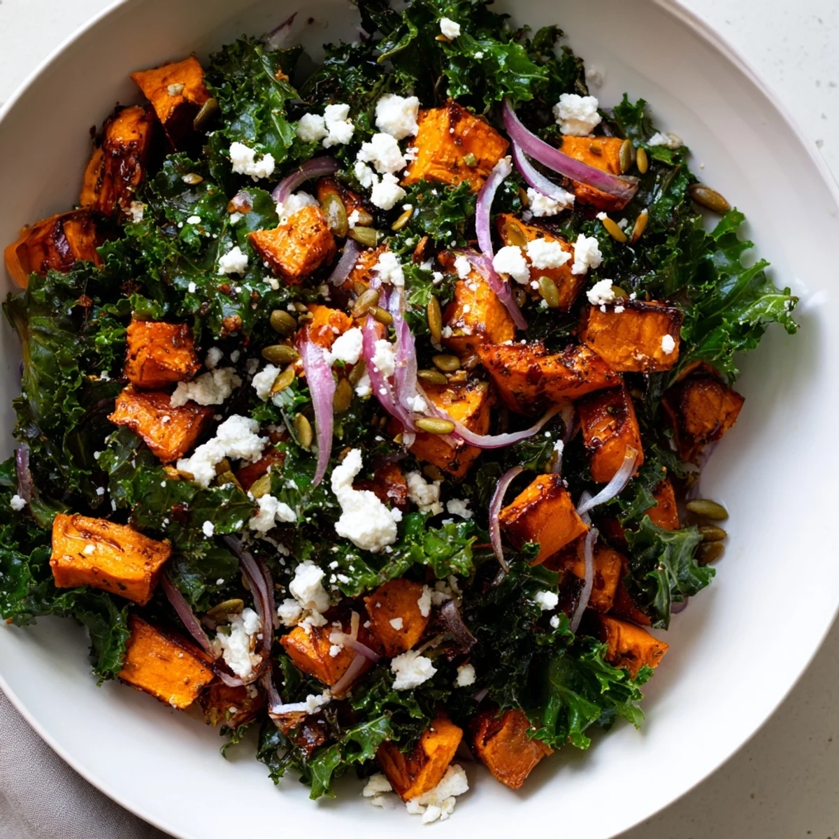 Golden roasted sweet potato chunks and kale salad, drizzled with maple-Dijon vinaigrette.